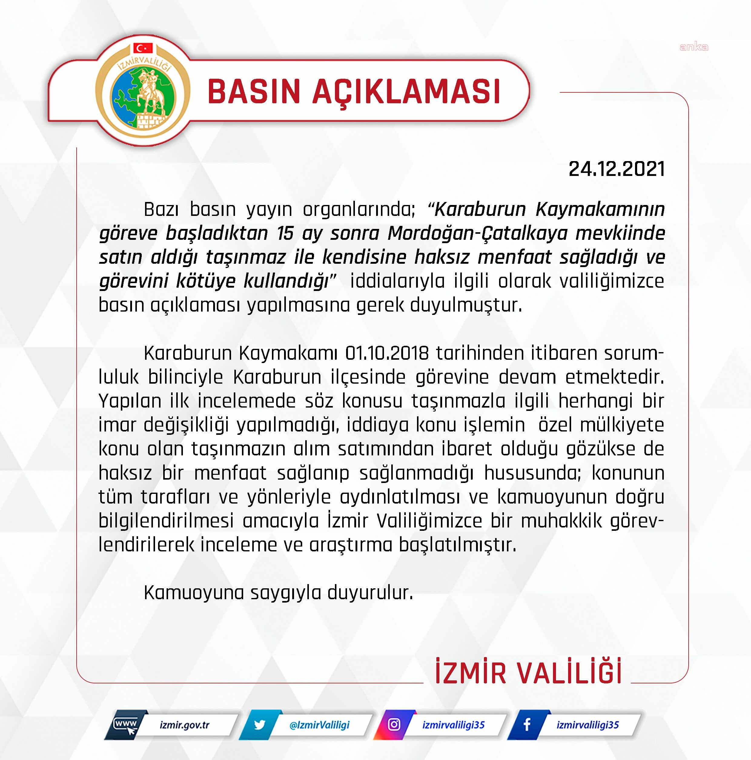 İZMİR VALİLİĞİ’NDEN KARABURUN'DAKİ İMAR İDDİALARIYLA İLGİLİ AÇIKLAMA: İNCELEME BAŞLATILDI