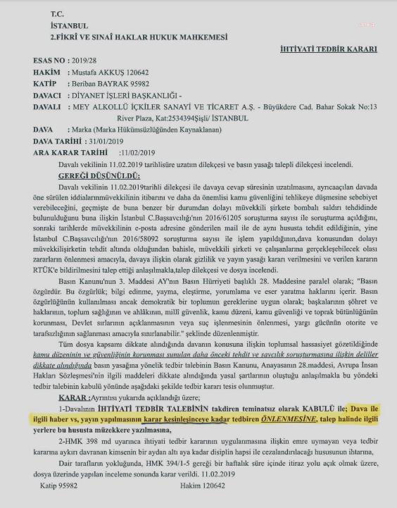 SAYIN YAZI İŞLERİNE NOT: BU HABERİMİZ GERİ ÇEKİLMİŞTİR! (DİYANET İŞLERİ'NİN, ALKOLLÜ BİR İÇKİDE 'ÂLÂ' ADININ KULLANILMASINA KARŞI AÇTIĞI DAVA REDDEDİLDİ)