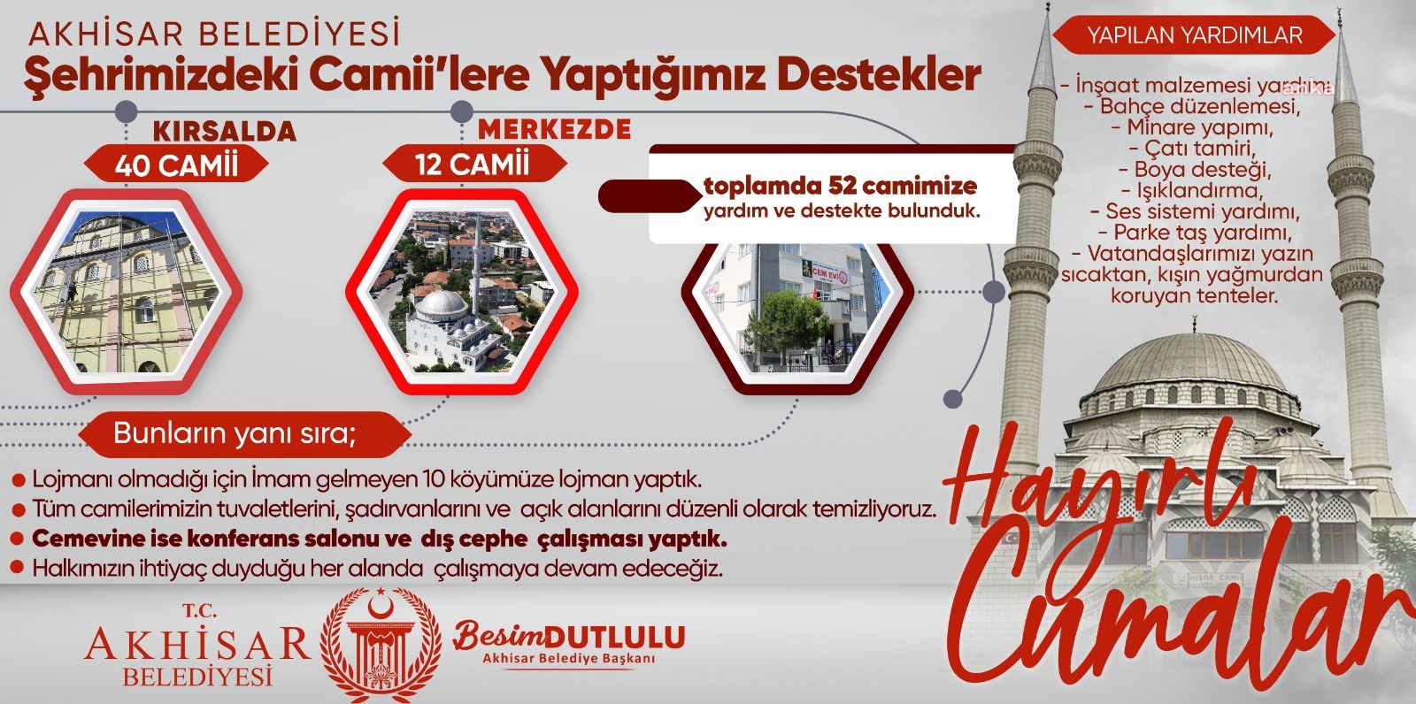 AKHİSAR BELEDİYESİ’NDEN CAMİLERE DESTEK