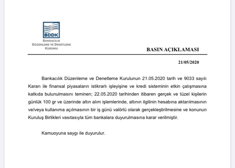 100 GRAM VE ÜSTÜ ALTIN ALIMINA 1 GÜN VALÖR UYGULANACAK