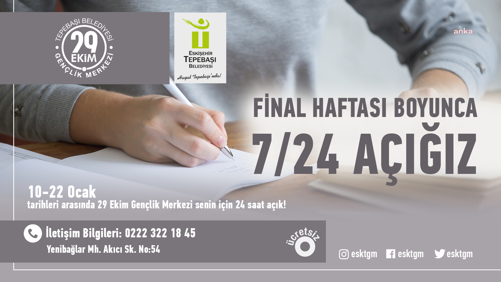 TEPEBAŞI BELEDİYESİ'NİN GENÇLİK MERKEZİ, FİNAL DÖNEMİ BOYUNCA 7/24 AÇIK