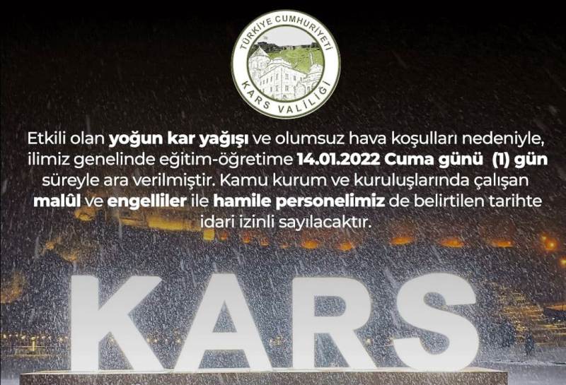 KARS'TA EĞİTİME 1 GÜN ARA VERİLDİ
