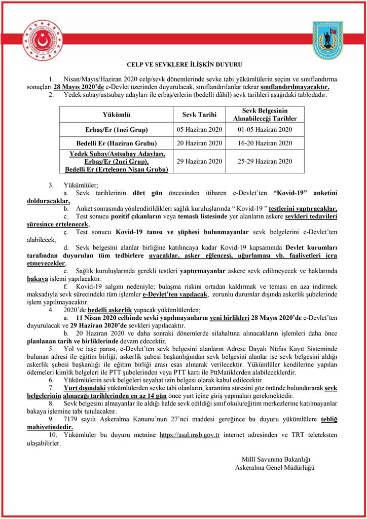 MSB'DEN CELP VE SEVK İŞLEMLERİYLE İLGİLİ AÇIKLAMA: 28 MAYIS'TA E-DEVLET'TEN DUYURULACAK