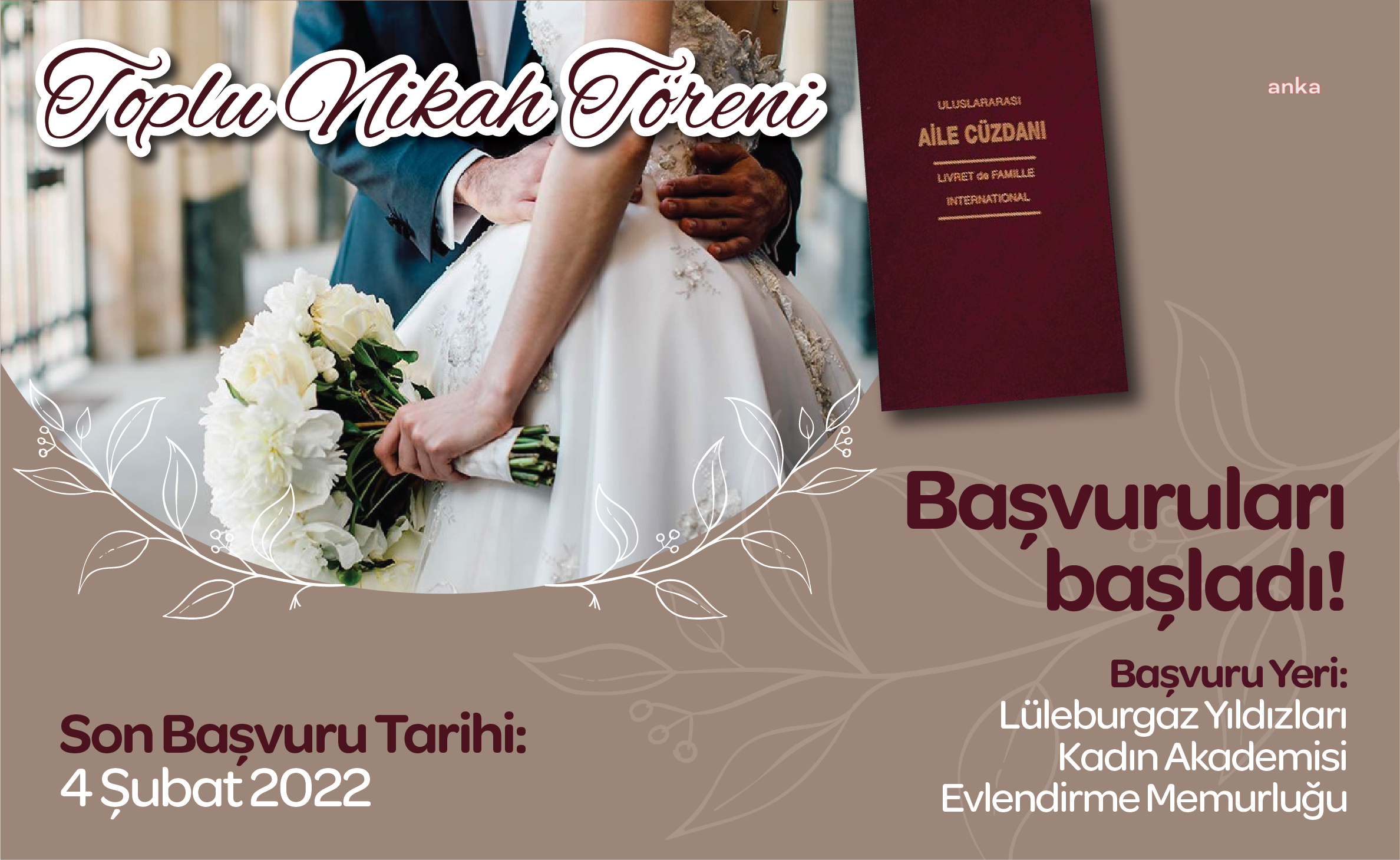 LÜLEBURGAZ BELEDİYESİ'NDE TOPLU NİKAH TÖRENİ İÇİN BAŞVURULAR BAŞLADI
