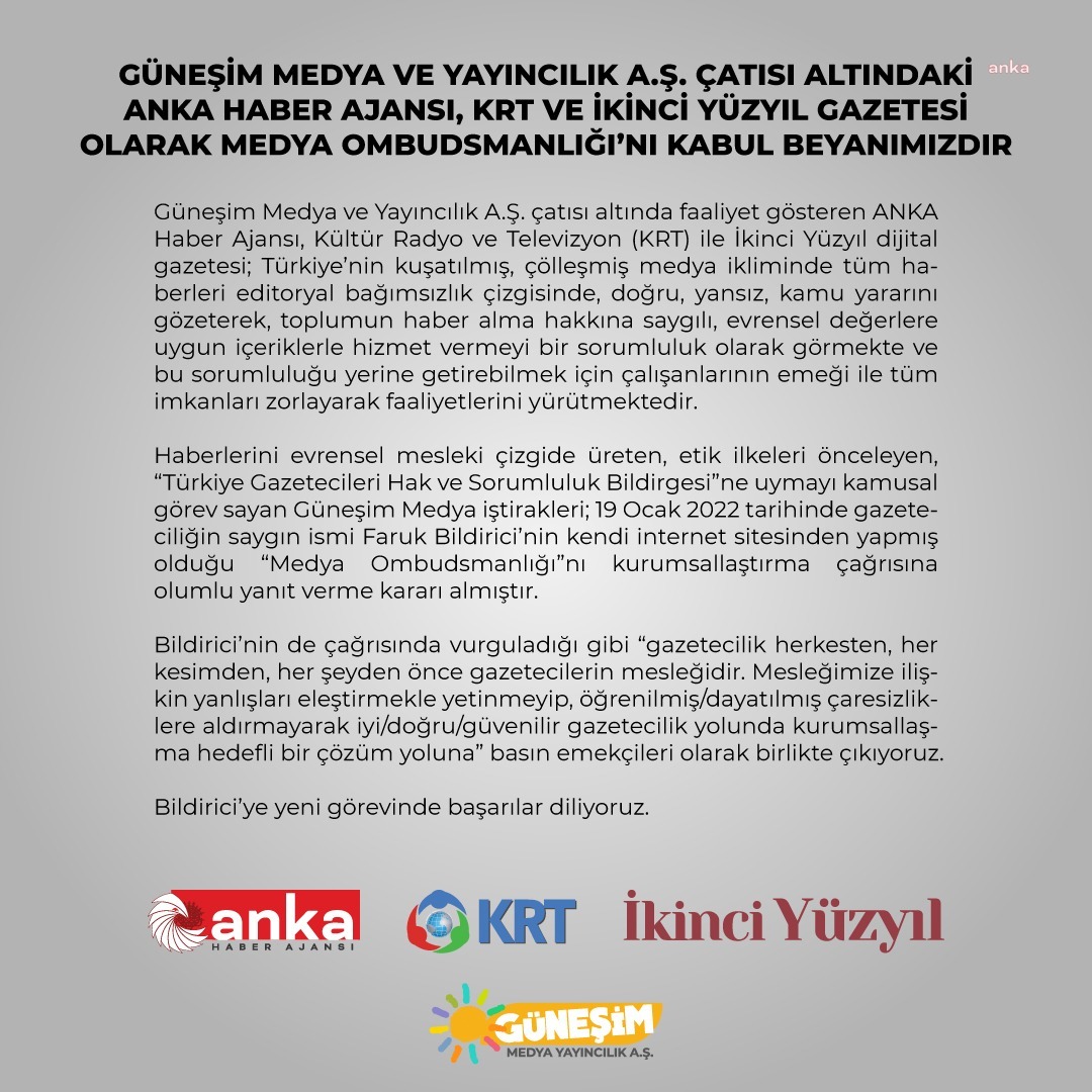 ANKA HABER AJANSI, KRT VE İKİNCİ YÜZYIL GAZETESİ; MEDYA OMBUDSMANLIĞI’NI KABUL ETTİ