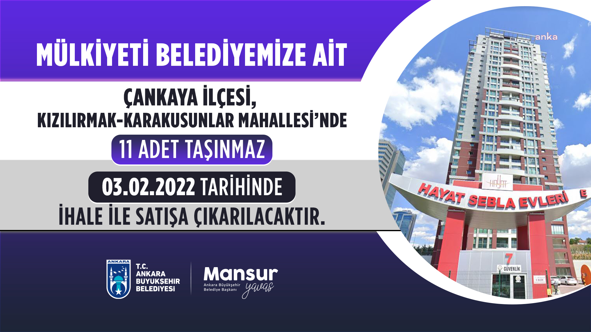 ANKARA BÜYÜKŞEHİR, 16 TAŞINMAZI SATIŞA ÇIKARIYOR