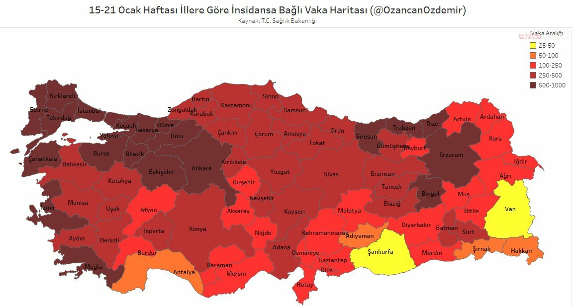 TÜRKİYE HARİTASI KIPKIRMIZI: 21 İLDE GÜNLÜK VAKA SAYISI 500'Ü GEÇTİ