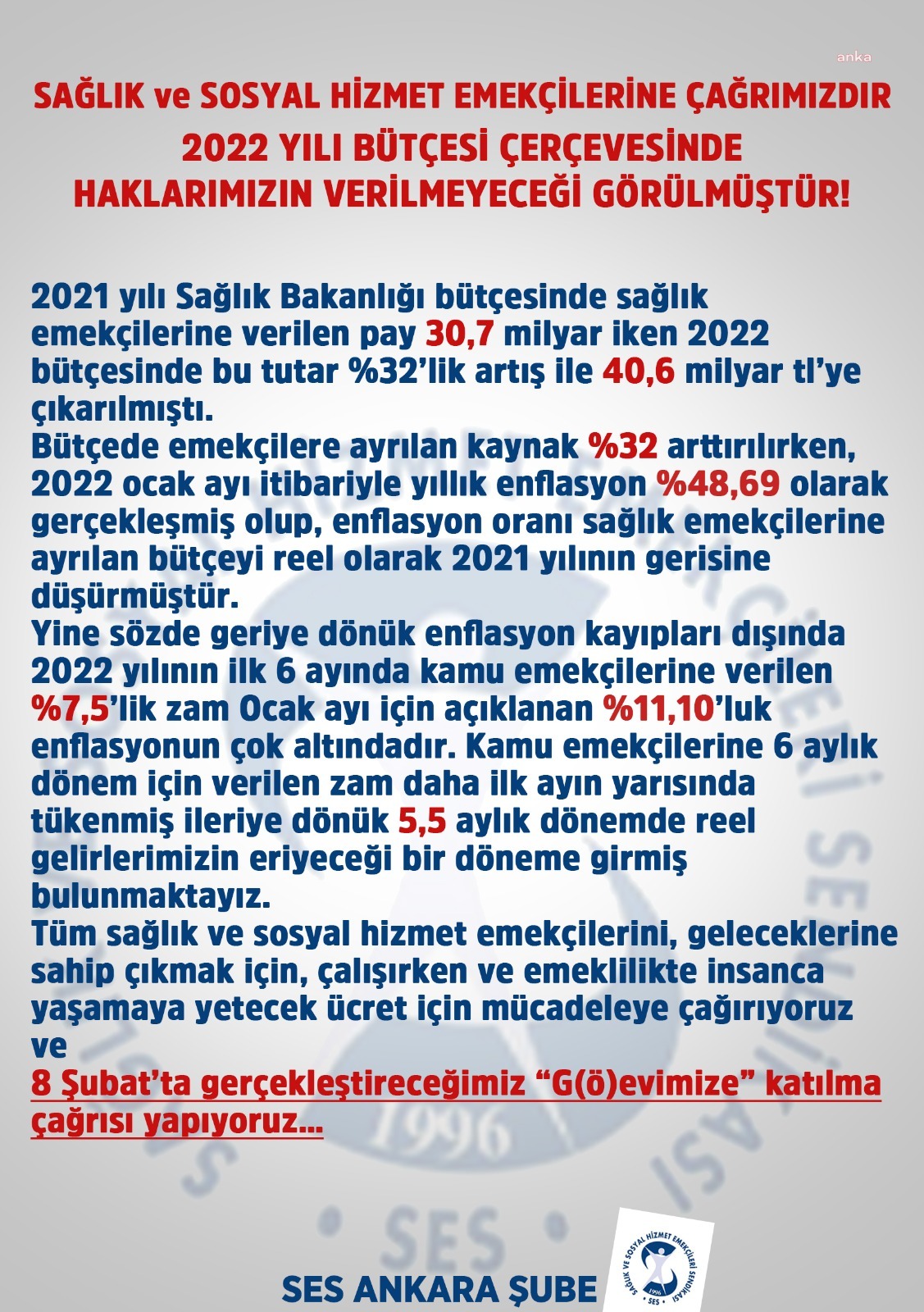SES ANKARA ŞUBESİ'NDEN SAĞLIK ÇALIŞANLARINA 'G(Ö)REV' ÇAĞRISI