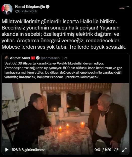 KILIÇDAROĞLU’DAN ISPARTA’DAKİ ELEKTRİK KESİNTİSİNE TEPKİ: "MOBESE’LERDEN SES YOK TABİ, TROLLERDE BÜYÜK SESSİZLİK"