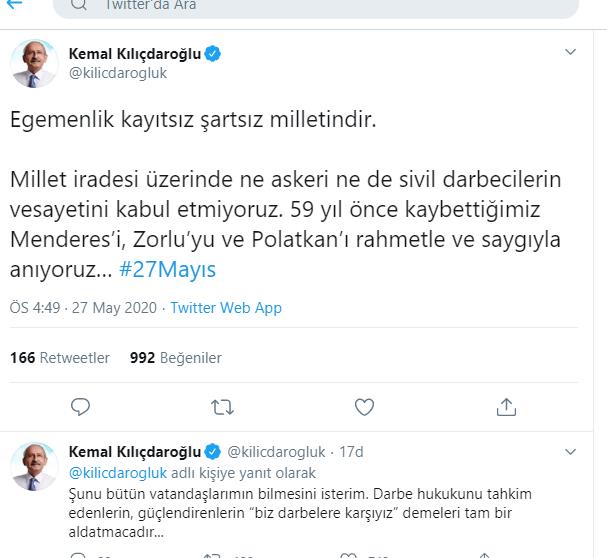 CHP LİDERİ KEMAL KILIÇDAROĞLU’NDAN, 27 MAYIS MESAJI: “ DARBECİLERİN VESAYETİNİ KABUL ETMİYORUZ”
