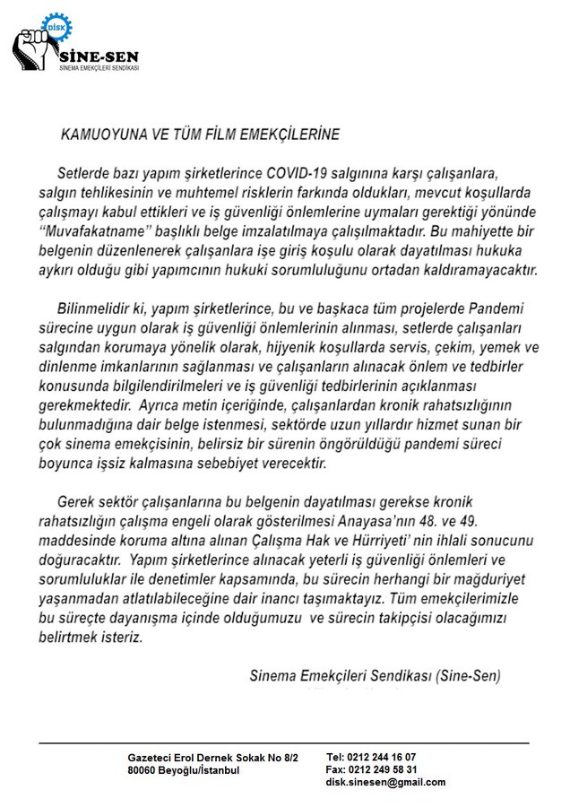 ‘YAPIM ŞİRKETLERİ KORONAVİRÜSE İLİŞKİN MUVAFAKATNAME İMZALATIYOR’