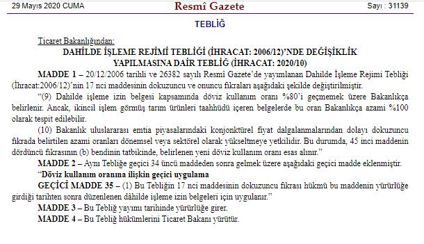 İTHALATA DAYALI İHRAÇ TARIM ÜRÜNLERİNE DÜZENLEME