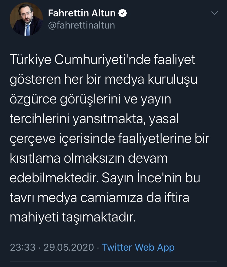 İLETİŞİM BAŞKANI ALTUN: İNCE MEDYA CAMİAMIZA İFTİRA ATIYOR