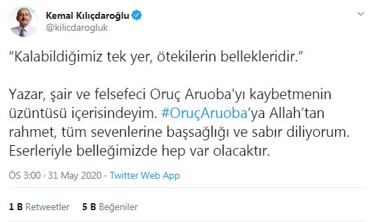CHP LİDERİ KILIÇDAROĞLU’NDAN FELSEFECİ ARUOBA İÇİN BAŞSAĞLIĞI MESAJI