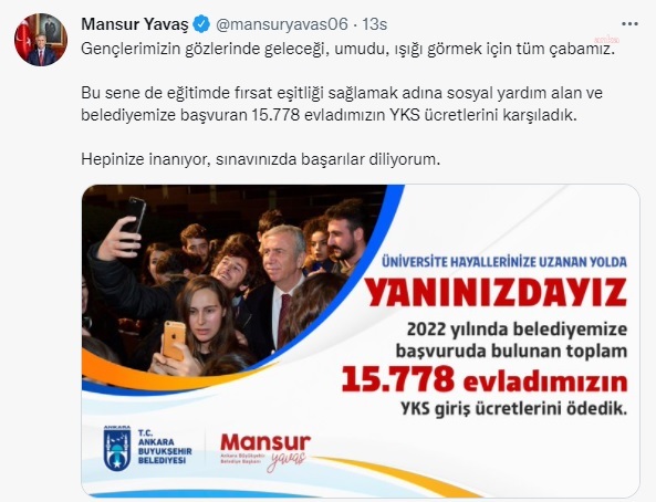 ANKARA BÜYÜKŞEHİR'DEN BİNLERCE ÖĞRENCİYE YKS ÜCRETİ DESTEĞİ