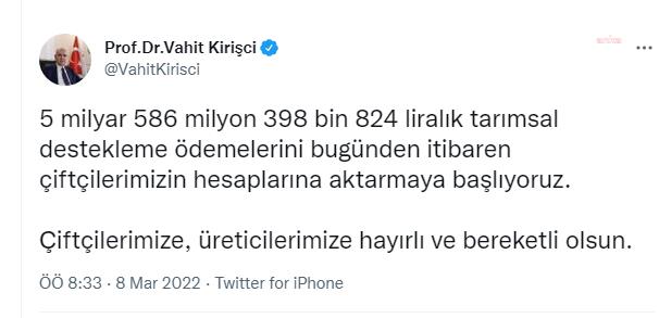 BAKAN KİRİŞCİ, 5,5 MİLYAR LİRALIK DESTEKLEME ÖDEMELERİNİN ÜRETİCİLERİN HESABINA YATIRILACAĞINI AÇIKLADI