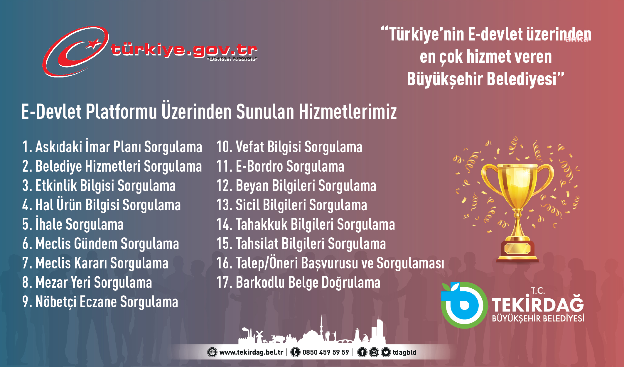 TEKİRDAĞ BÜYÜKŞEHİR BELEDİYESİ E-DEVLET ENTEGRASYONUNDA BİRİNCİ SIRADA