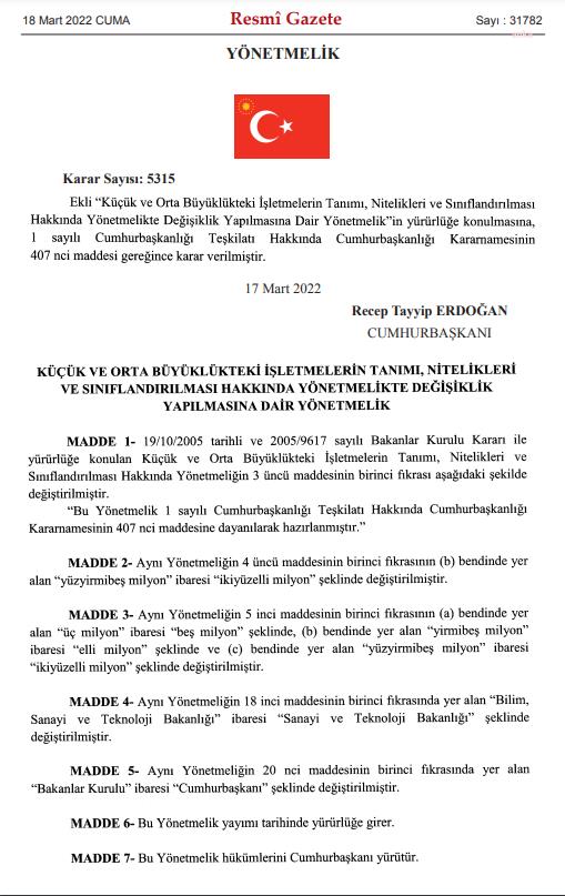 KOBİ ÜST SINIRI 125 MİLYON TL'DEN 250 MİLYON TL'YE YÜKSELTİLDİ