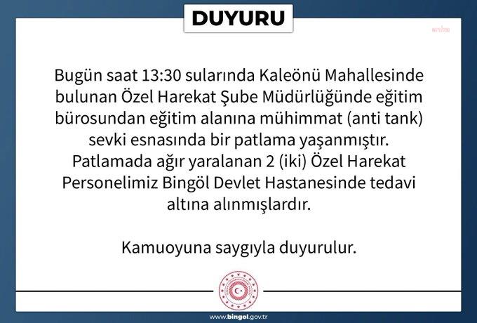 BİNGÖL’DE MÜHİMMAT SEVKİ ESNASINDA YAŞANAN PATLAMADA 2 POLİS ŞEHİT OLDU