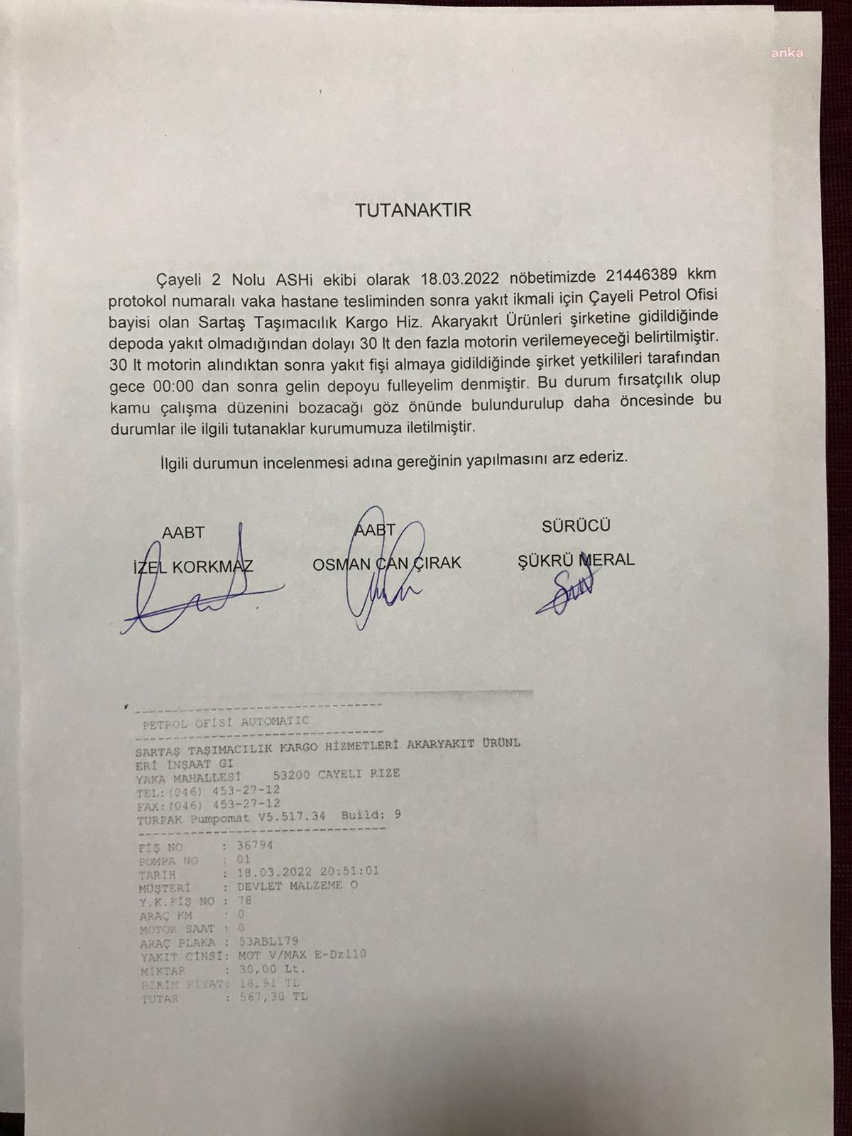 RİZE'DE AKARYAKIT İSTASYONU, GECE ZAM YAPILACAĞI İÇİN RESMİ AMBULANSIN DEPOSUNU DOLDURMADI İDDİASI