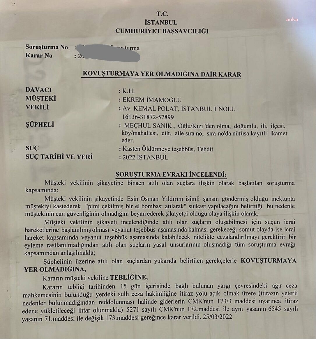 İSTANBUL BAŞSAVCILIĞI İMAMOĞLU’NA SUİKAST İDDİASI İÇİN TAKİPSİZLİK KARARI VERDİ