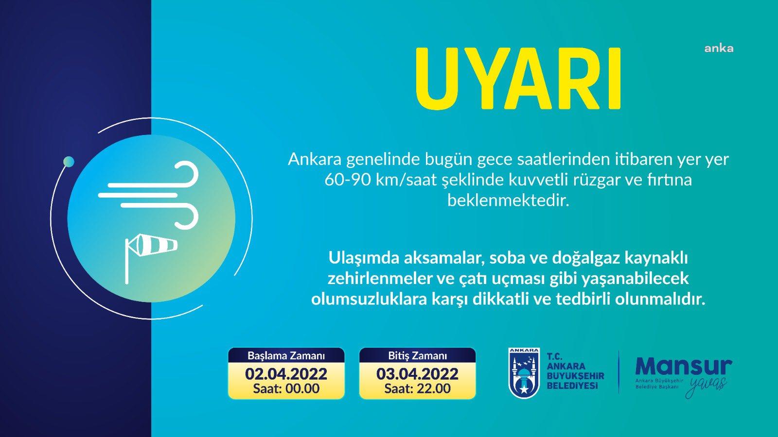 ANKARA BÜYÜKŞEHİR BELEDİYESİ’NDEN KUVVETLİ RÜZGAR VE FIRTINA UYARISI