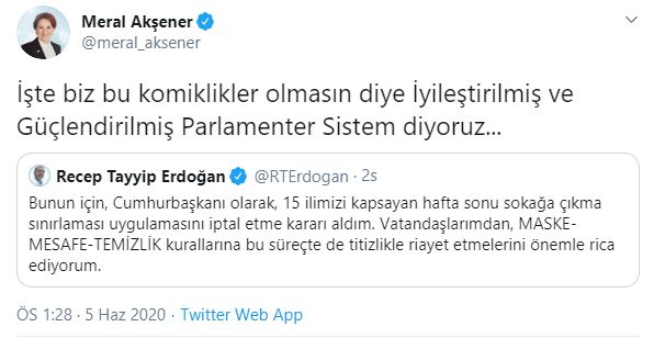 TWEETLE İPTAL EDİLEN YASAĞA AKŞENER'İN TEPKİSİ: BU KOMİKLİKLER OLMASIN