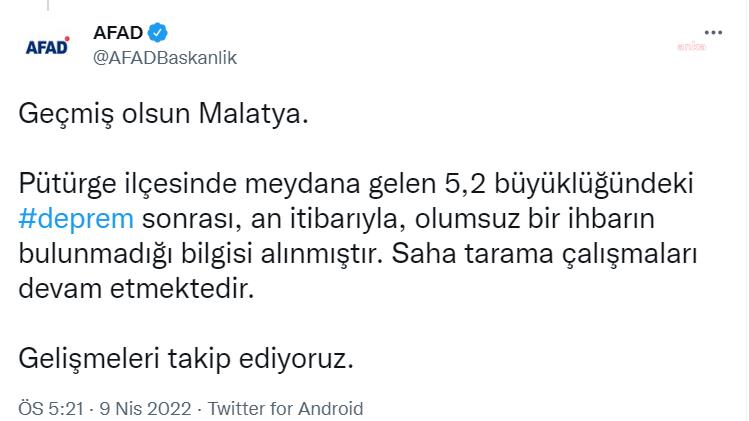 AFAD, MALATYA PÜTÜRGE’DE YAŞANAN DEPREM SONRASI OLUMSUZ BİR İHBARIN OLMADIĞINI” AÇIKLADI