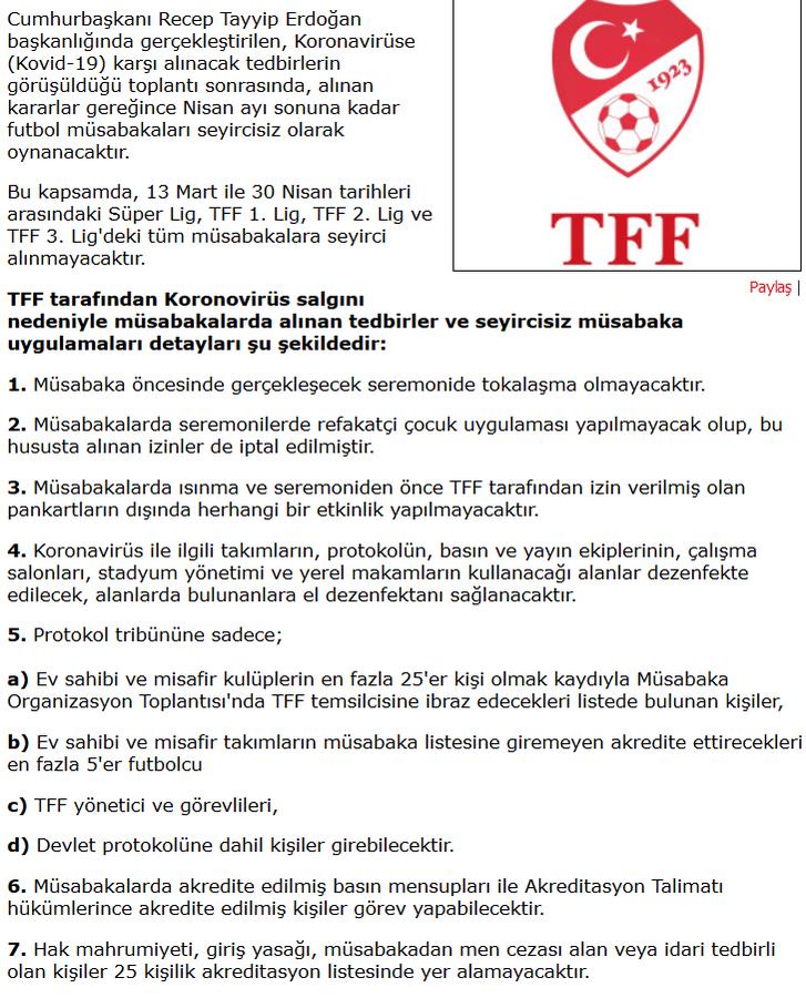 TFF KORONAVİRÜS NEDENİYLE ALINAN TEDBİRLERİ AÇIKLADI