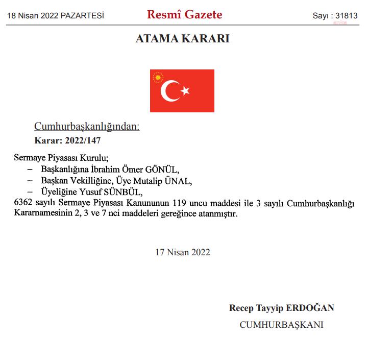 SERMAYE PİYASASI KURULU BAŞKANLIĞI'NA İBRAHİM ÖMER GÖNÜL ATANDI