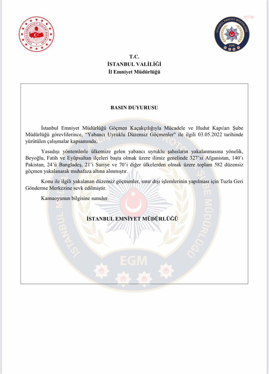 İSTANBUL EMNİYET MÜDÜRLÜĞÜ: 582 DÜZENSİZ GÖÇMEN YAKALANDI