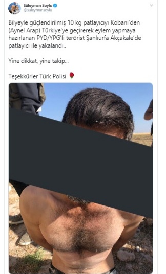BAKAN SOYLU: EYLEM HAZIRLIĞINDAKİ TERÖRİST 10 KİLO PATLAYICI İLE YAKALANDI