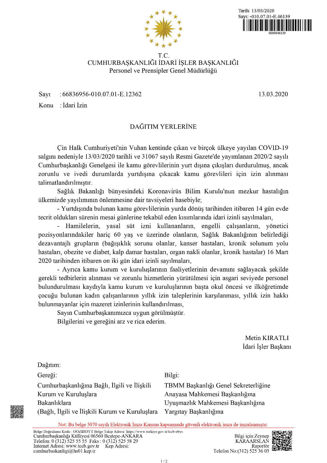 CUMHURBAŞKANLIĞINDAN KORONAVİRÜS GENELGESİ