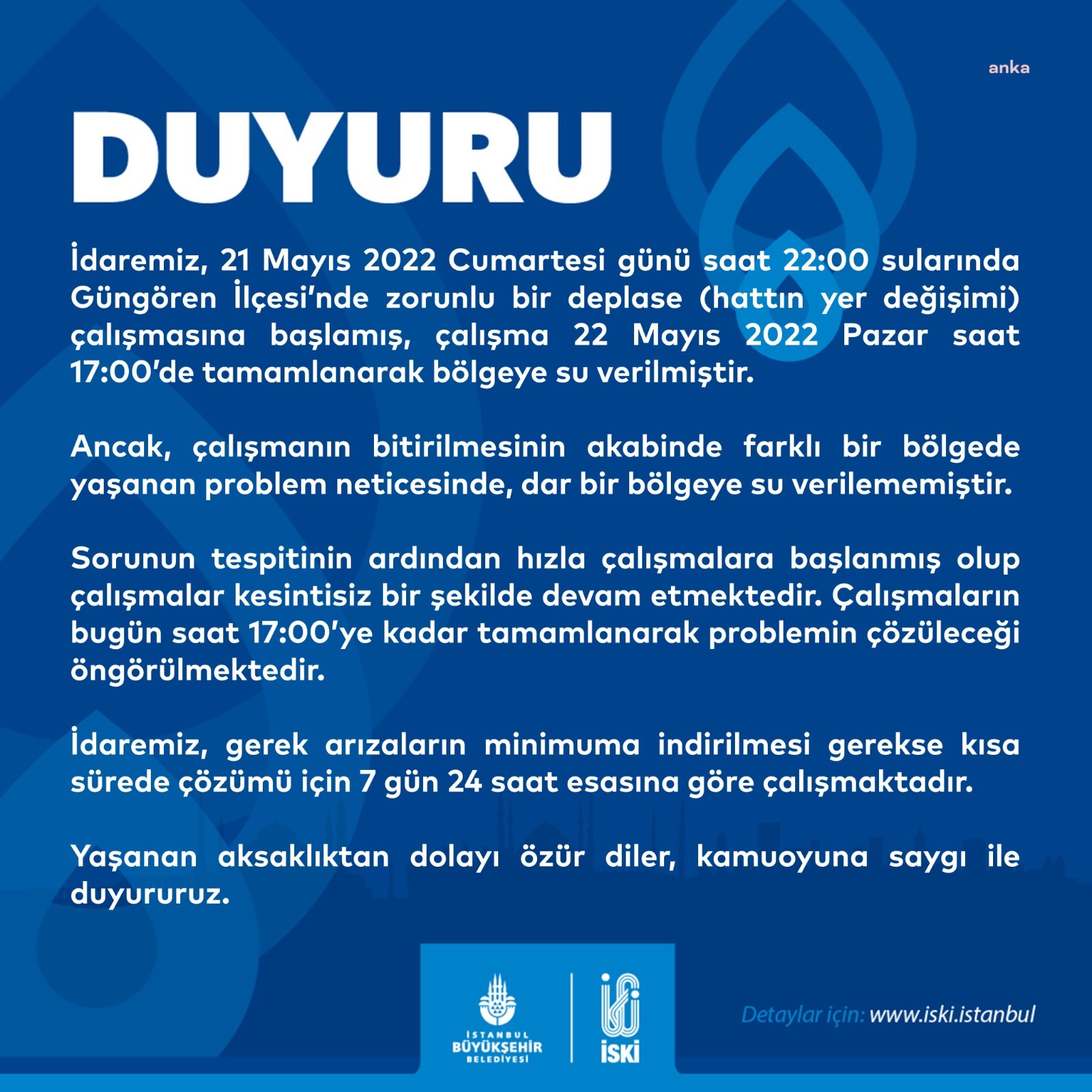 İSKİ'DEN AÇIKLAMA: "GÜNGÖREN'DEKİ SU PROBLEMİ, BUGÜN SAAT 17:00'YE KADAR ÇÖZÜLECEK"