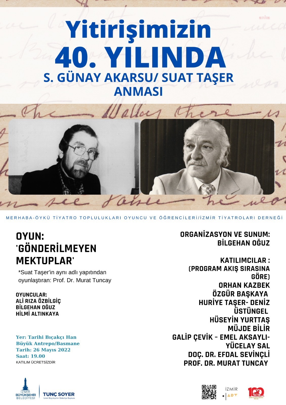 SABRİ GÜNAY AKARSU VE SUAT TAŞER, İZMİR'DE ANILACAK