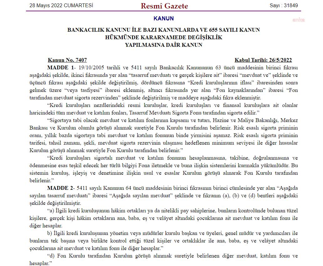 BANKACILIK KANUNU RESMİ GAZETE'DE YAYINLANDI