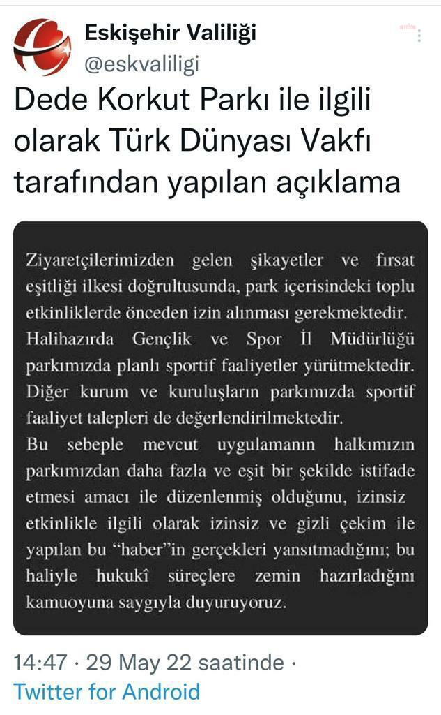TÜRK DÜNYASI VAKFI'NDAN PARKTA YOGA YASAĞI AÇIKLAMASI: "ÖNCEDEN İZİN ALINMASI GEREKMEKTEDİR"