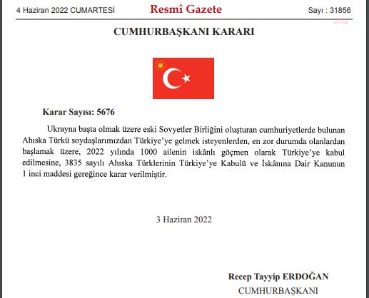 AHISKA TÜRKÜ 1000 AİLE İSKANLI GÖÇMEN OLARAK TÜRKİYE'YE KABUL EDİLECEK