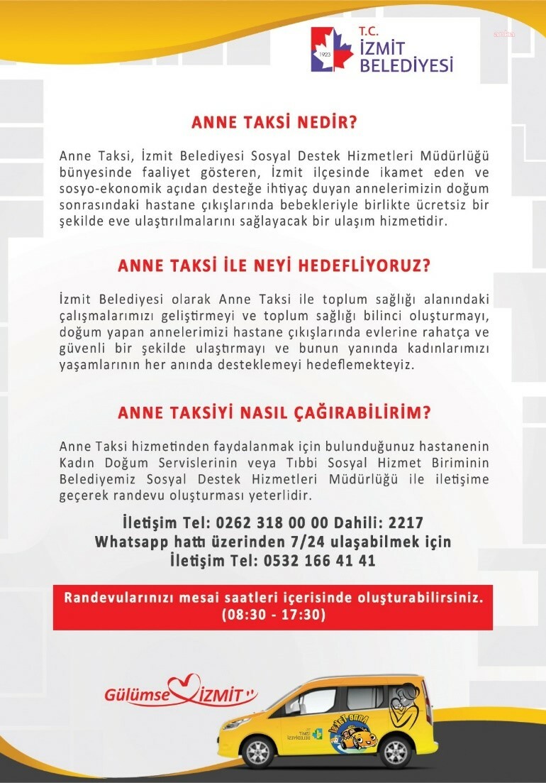 İZMİT BELEDİYESİ'NİN "ANNE TAKSİ" HİZMETİ DEVAM EDİYOR
