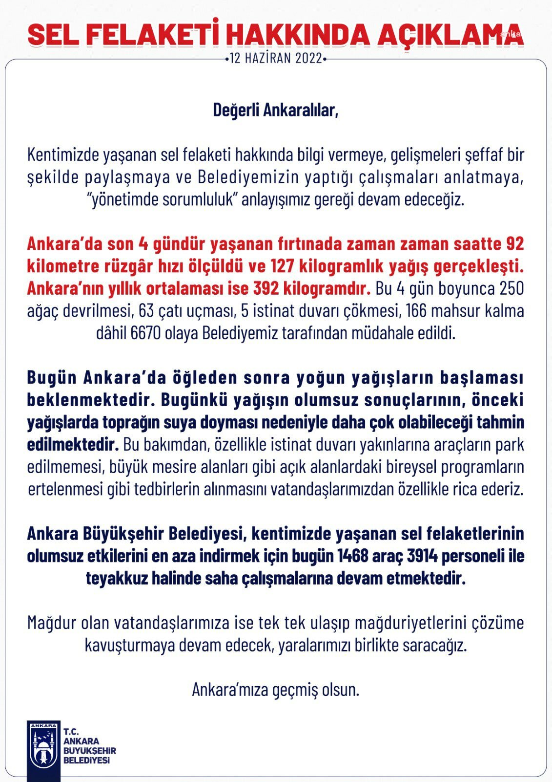ANKARA BÜYÜKŞEHİR BELEDİYESİ: "FIRTINADA SAATTE 92 KM RÜZGÂR HIZI ÖLÇÜLDÜ VE 127 KG YAĞIŞ GERÇEKLEŞTİ. ANKARA’NIN YILLIK ORTALAMASI İSE 392 KİLOGRAMDIR"