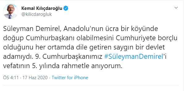 KILIÇDAROĞLUNDAN DEMİREL MESAJI: CUMHURİYETE BORÇLU OLDUĞUNU DİLE GETİREN DEVLET ADAMIYDI