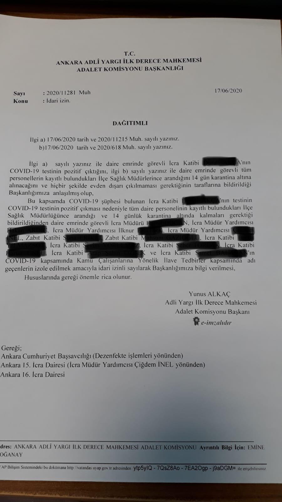 ANKARA İCRA DAİRESİ ÇALIŞANI D.A.’DA KORONA TESPİT EDİLDİ, 12 KİŞİ İZNE ÇIKARILDI