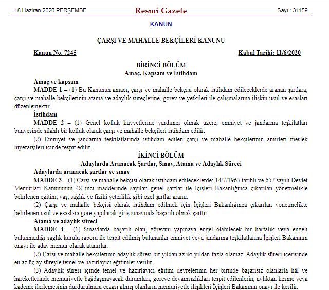 BEKÇİ YASASI YÜRÜRLÜĞE GİRDİ