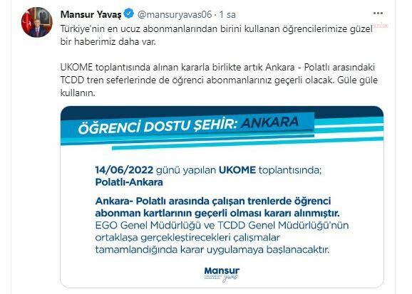 MANSUR YAVAŞ DUYURDU: ÖĞRENCİ ABONMANLARI POLATLI-ANKARA ARASI ÇALIŞAN TRENLERDE DE GEÇERLİ OLACAK