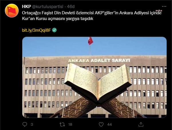 ANKARA ADLİYESİNDE KURAN KURSU AÇILMASINA HKP’DEN SUÇ DUYURUSU: “LAİKLİK İLKESİNE AYKIRI”