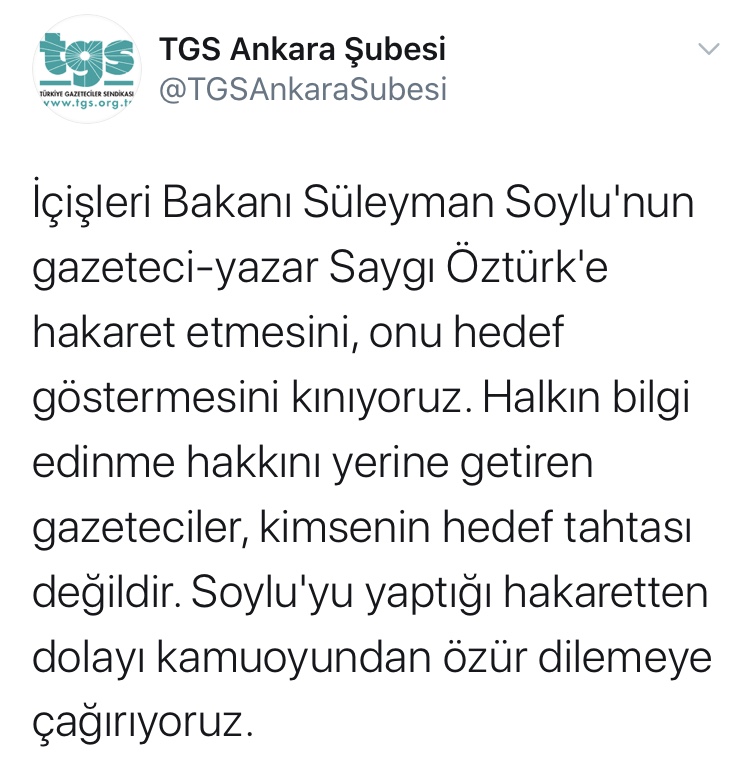 TGS’DEN SOYLU’YA ‘ÖZÜR DİLE’ ÇAĞRISI