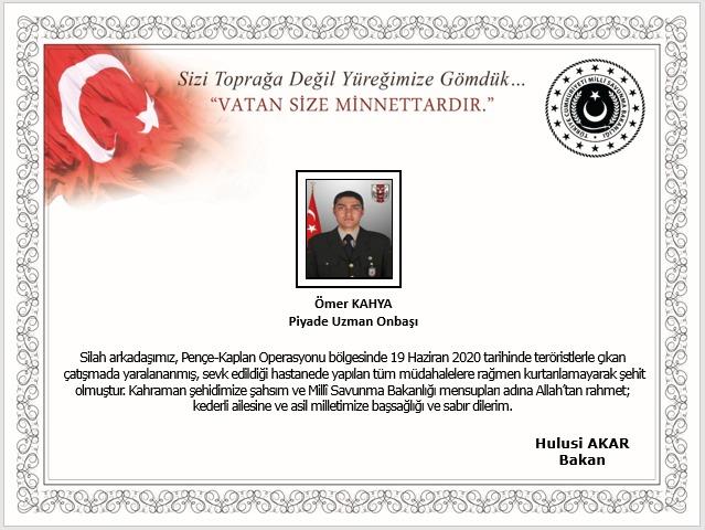 BAKAN AKAR'DAN ŞEHİT KAHYA İÇİN BAŞSAĞLIĞI MESAJI