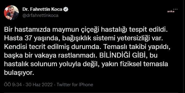 BAKAN KOCA: "BİR HASTAMIZDA MAYMUN ÇİÇEĞİ HASTALIĞI TESPİT EDİLDİ"