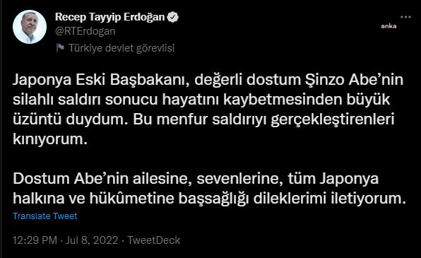CUMHURBAŞKANI ERDOĞAN: "JAPONYA ESKİ BAŞBAKANI ŞİNZO ABE’NİN SİLAHLI SALDIRI SONUCU HAYATINI KAYBETMESİNDEN BÜYÜK ÜZÜNTÜ DUYDUM"