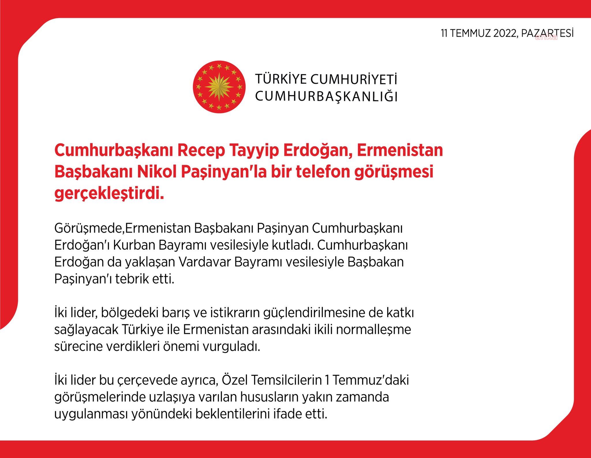 CUMHURBAŞKANI ERDOĞAN, ERMENİSTAN BAŞBAKANI NİKOL PAŞİNYAN İLE GÖRÜŞTÜ